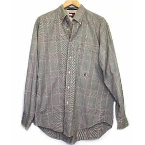 Tommy Hilfiger Mens Tan Black Red Plaid Logo Long Sleeve Button Down Shirt M